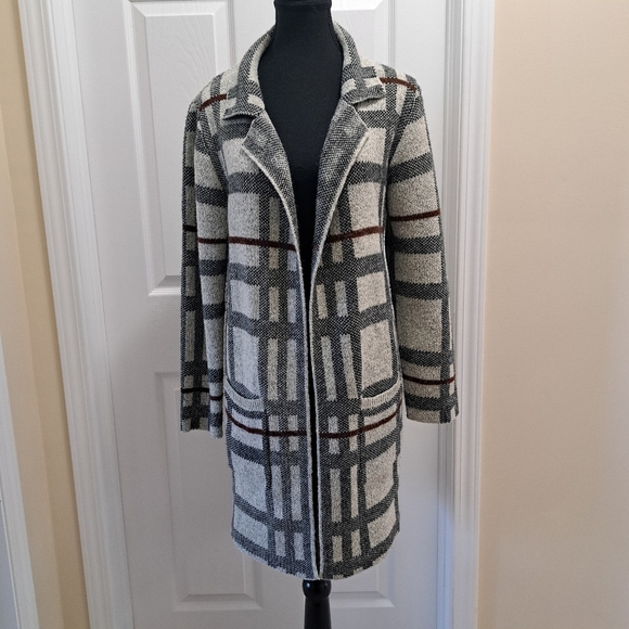 Monteau Sweater Coat Plaid Women's Size Large Grey Brown Cozy Fall Classic - Picture 1 of 9
